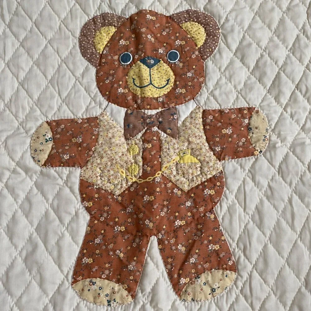 Vtg applique Teddy bear quilt‎ baby country nursery farmhouse cottagecore 34x44